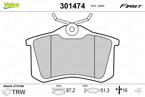 VALEO VAL301474 KLOCKI HAM TYL 87X53X16