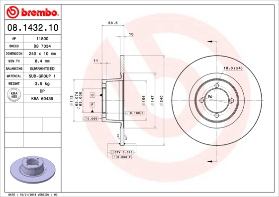 BREMBO 08.1432.10 Féktárcsa