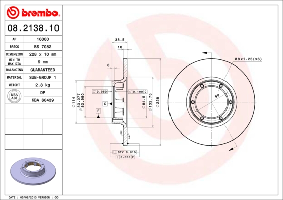 BREMBO 08.2138.10 Féktárcsa