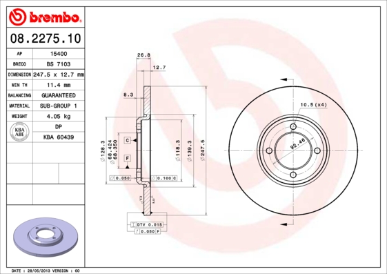 BREMBO 08.2275.10B Féktárcsa