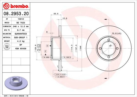 BREMBO 08.2953.20 Féktárcsa