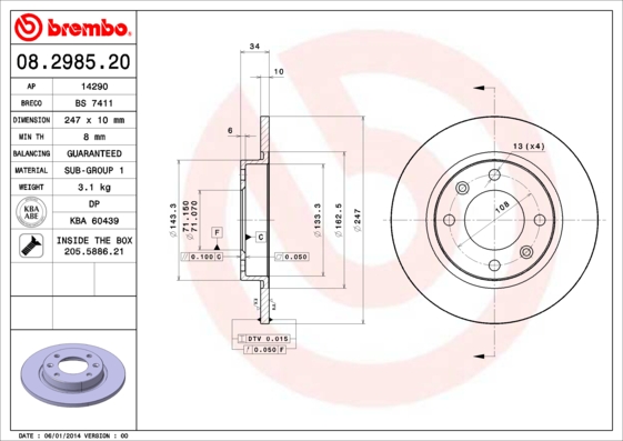 BREMBO 08.2985.20B Féktárcsa