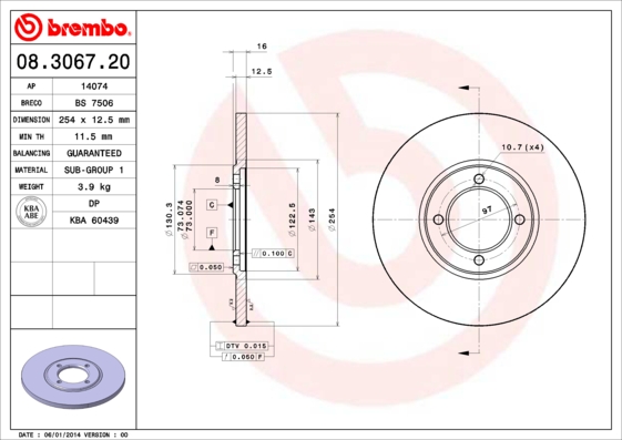 BREMBO 08.3067.20B Féktárcsa