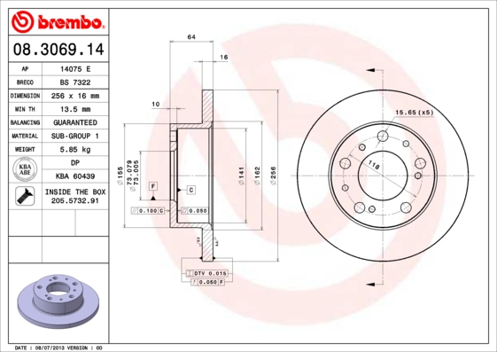 BREMBO 08.3069.14 Féktárcsa