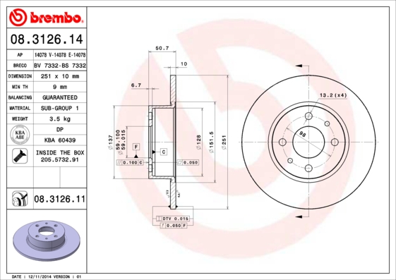 BREMBO 08.3126.14B Féktárcsa