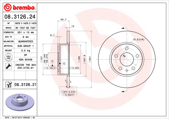 BREMBO 1000533536 08.3126.21 - Hátsó féktárcsa