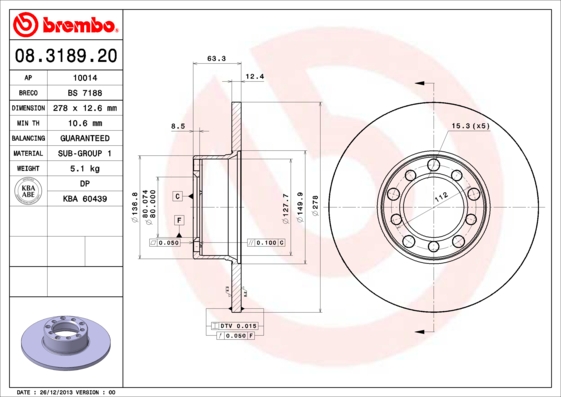 BREMBO 08.3189.20B Féktárcsa