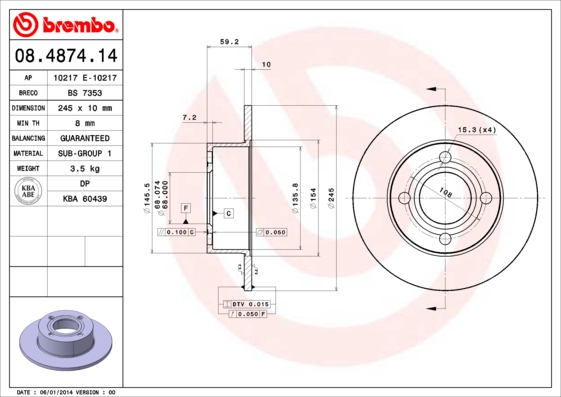 BREMBO 1000330818 08.4874.14 - Hátsó féktárcsa