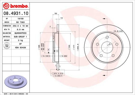 BREMBO 08.4931.10B Féktárcsa