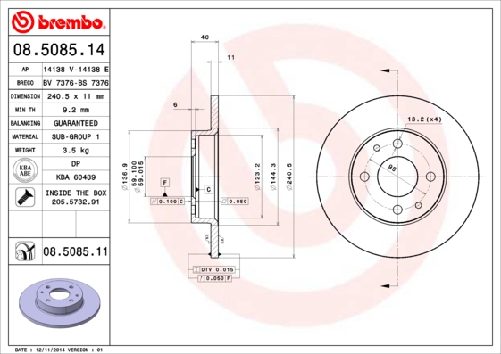 BREMBO 08.5085.14B Féktárcsa