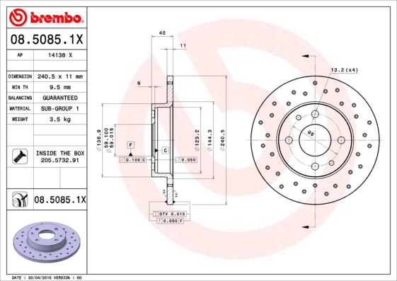 BREMBO BRE08.5085.1X féktárcsa