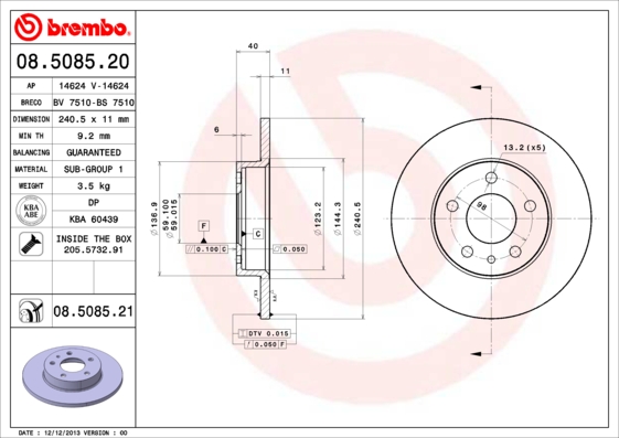 BREMBO 08.5085.21 Féktárcsa