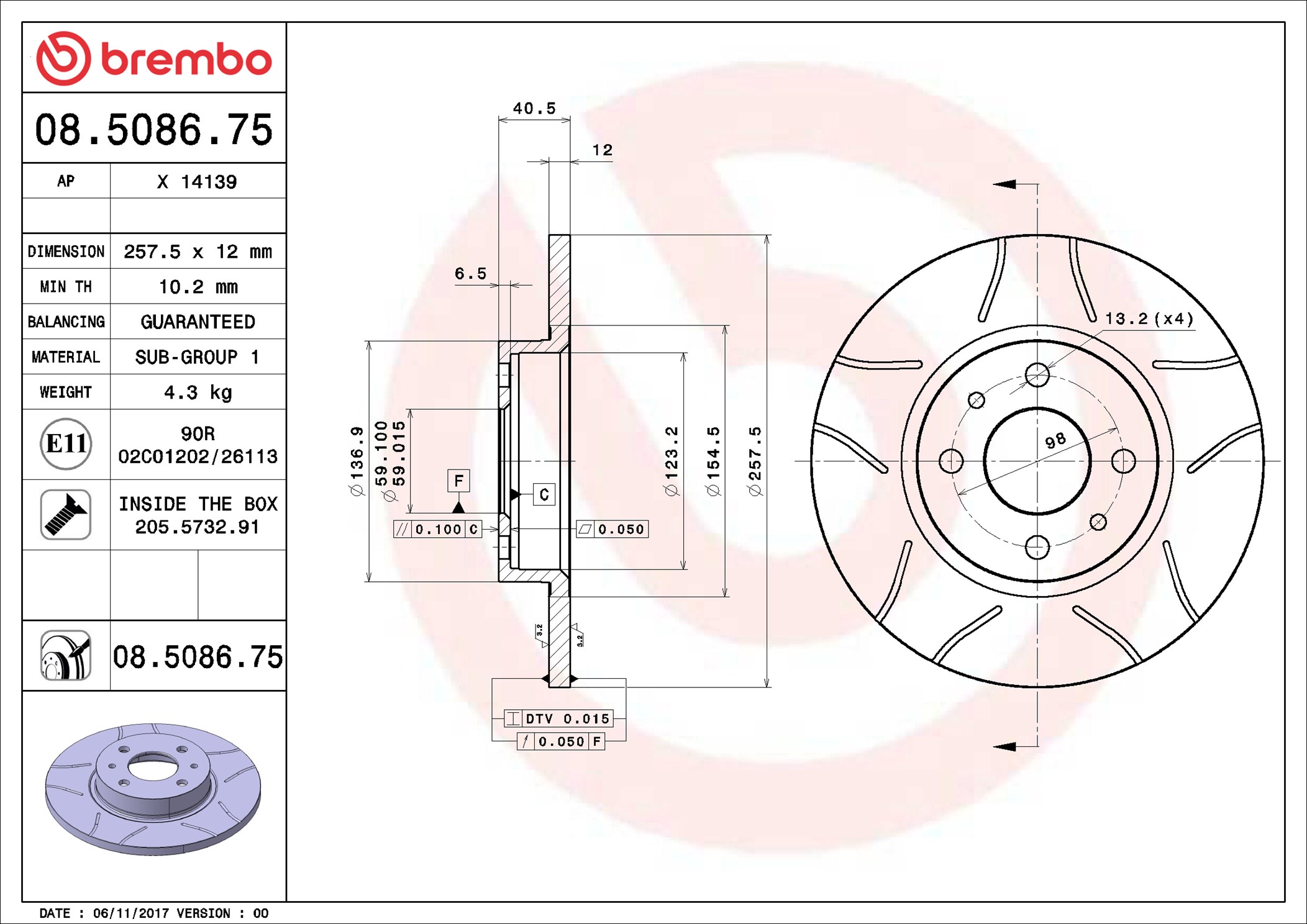 BREMBO BRE08.5086.75 TARCZA HAM PRZOD 257X12 P MAX