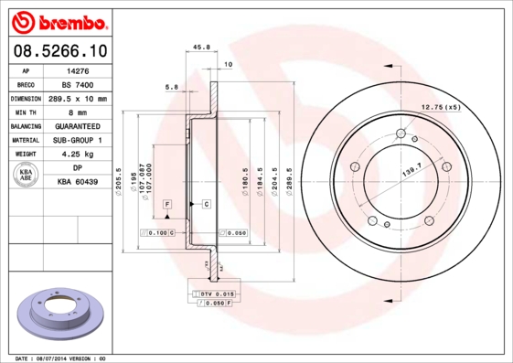 BREMBO 1001538175 08.5266.10 - Első féktárcsa