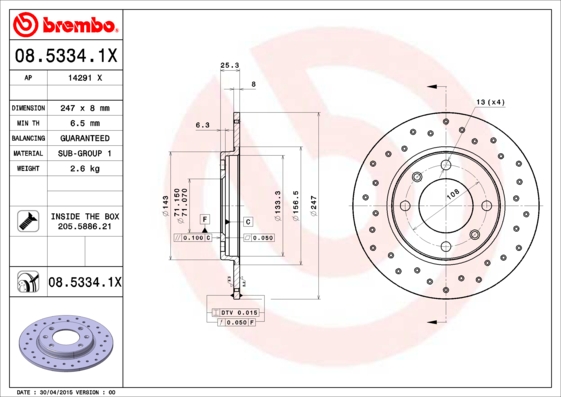 BREMBO 08.5334.1X Féktárcsa