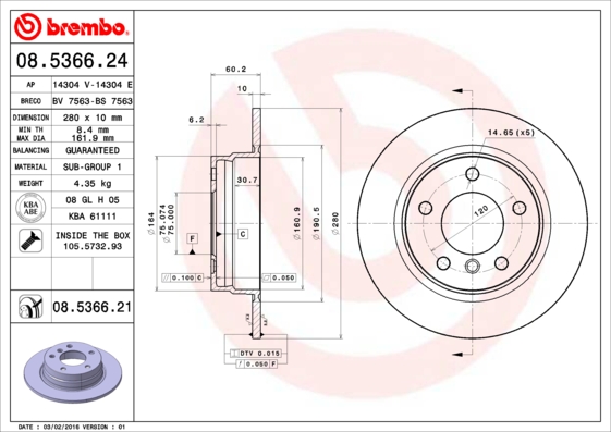 BREMBO 1001538178 08.5366.21 - Hátsó féktárcsa