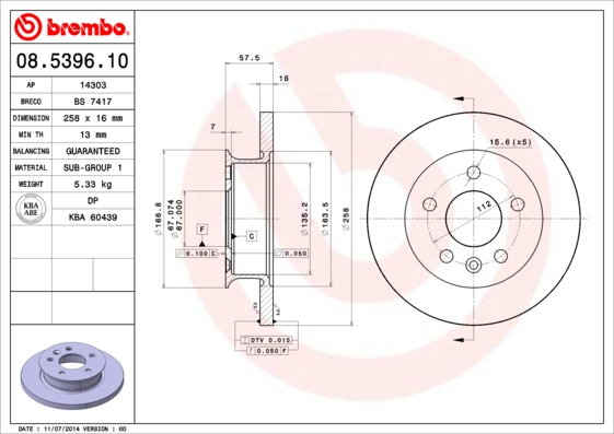 BREMBO 08.5396.10B Féktárcsa