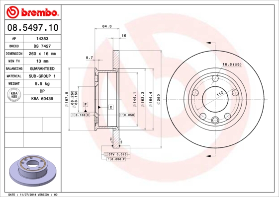 BREMBO 08.5497.10 Féktárcsa