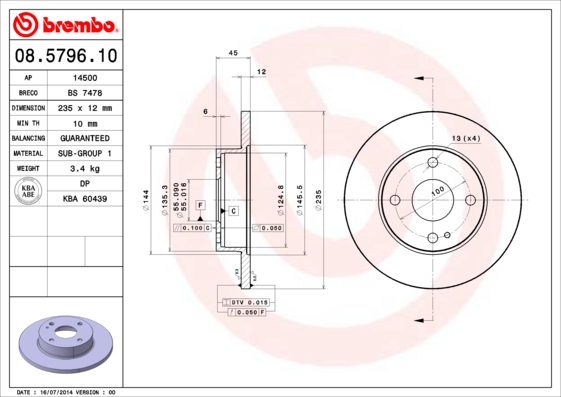 BREMBO 08.5796.10 Féktárcsa