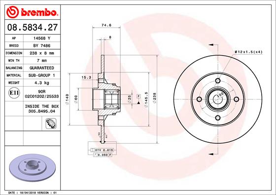 BREMBO 1001871614 08.5834.27 - Hátsó féktárcsa