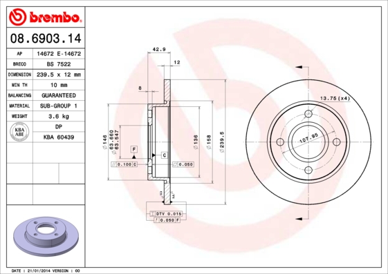 BREMBO 08.6903.14 Féktárcsa