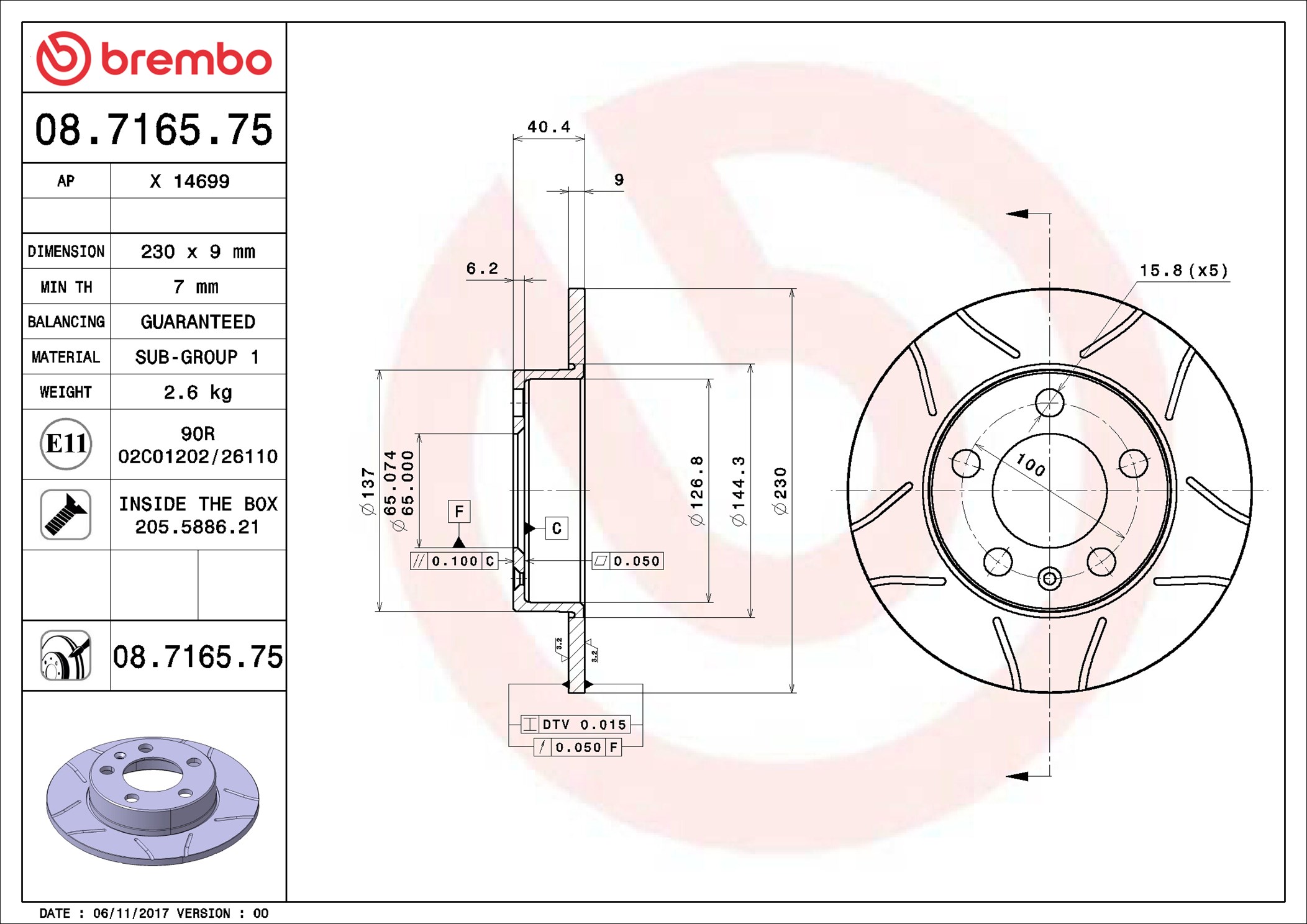 BREMBO BRE08.7165.75 Féktárcsa