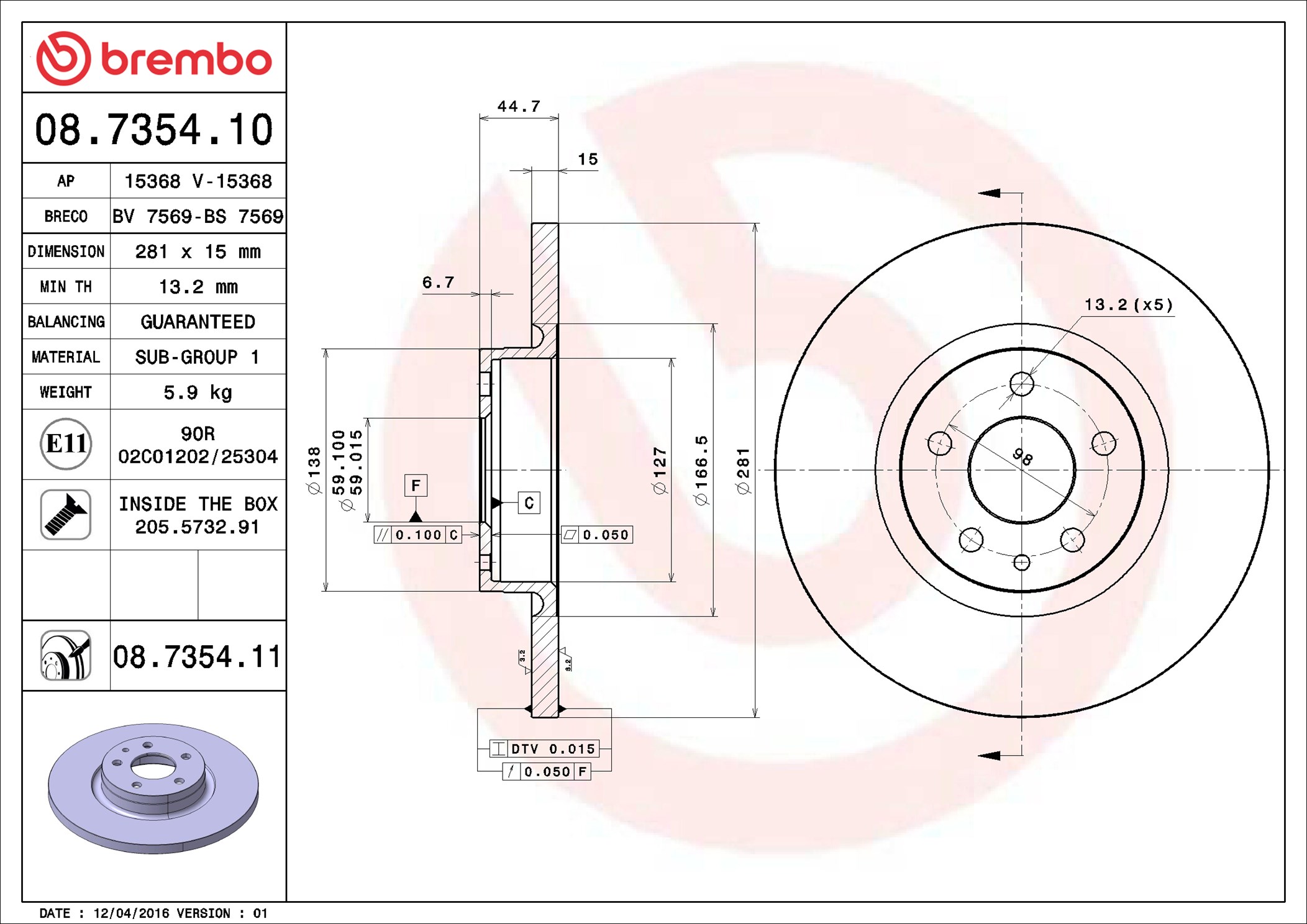 BREMBO 1001538256 08.7354.11 - Első féktárcsa