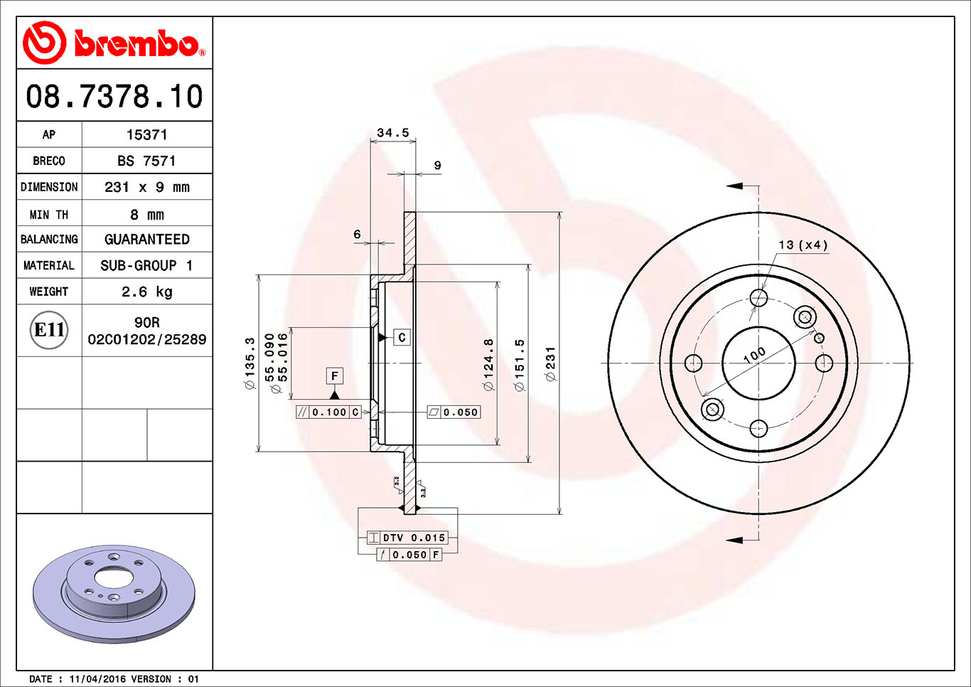 BREMBO BRE08.7378.10 féktárcsa