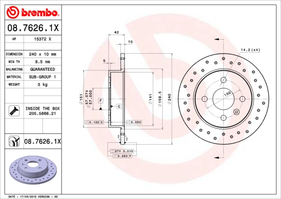 BREMBO 08.7626.1X Féktárcsa