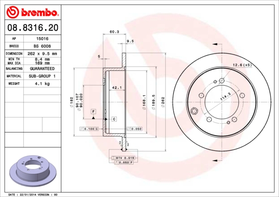 BREMBO 08.8316.20 Féktárcsa