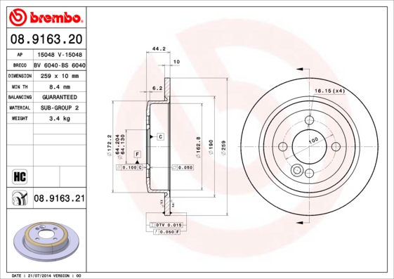 BREMBO 08.9163.21B Féktárcsa