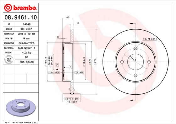 BREMBO 08.9461.10 Féktárcsa