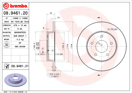 BREMBO 08.9461.21 Féktárcsa