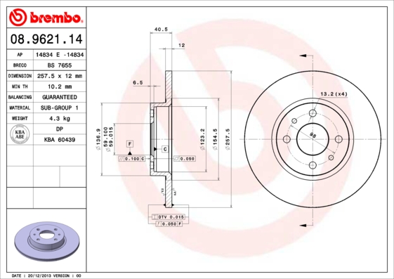 BREMBO 1001538343 08.9621.14 - Első féktárcsa