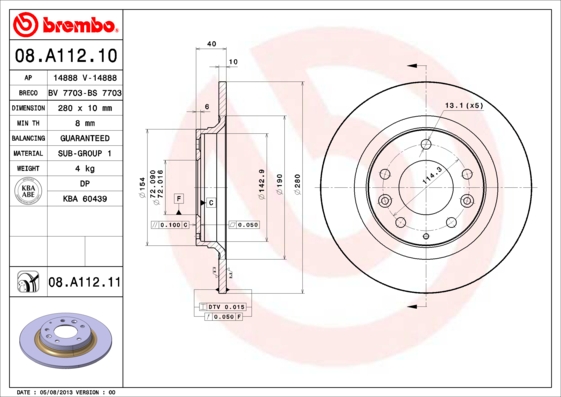 BREMBO 1001538356 08.A112.11 - Hátsó féktárcsa