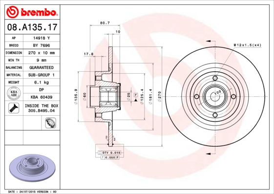 BREMBO 1000548639 08.A135.17 - Hátsó féktárcsa