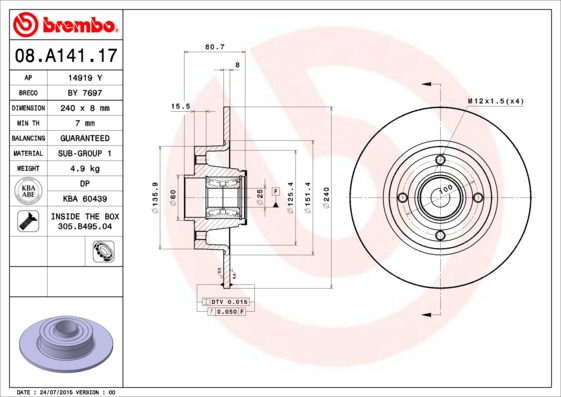 BREMBO 08.A141.17 Féktárcsa