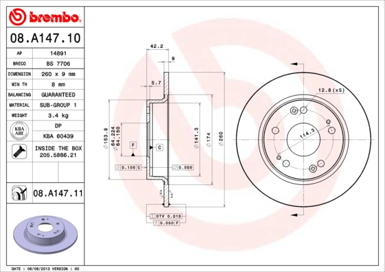 BREMBO 08.A147.11 Féktárcsa