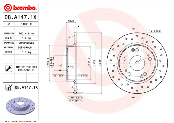 BREMBO 08.A147.1X Féktárcsa