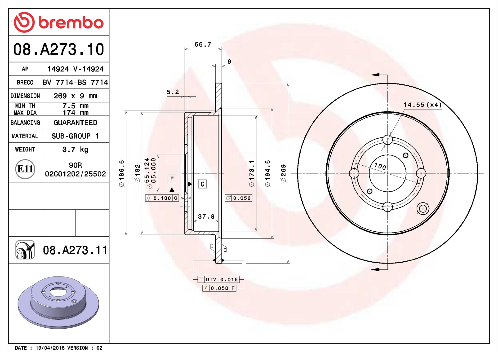 BREMBO BRE08.A273.11 féktárcsa