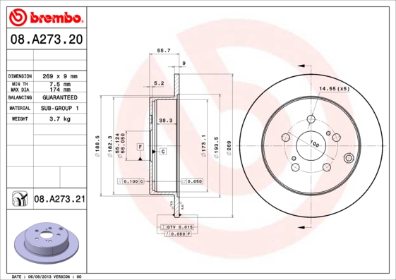 BREMBO 08.A273.21B Féktárcsa