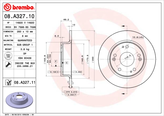 BREMBO 1001538432 08.A327.11 - Hátsó féktárcsa