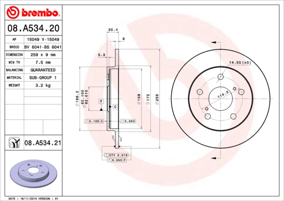 BREMBO 08.A534.21B Féktárcsa