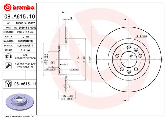 BREMBO 1001538514 08.A615.11 - Hátsó féktárcsa