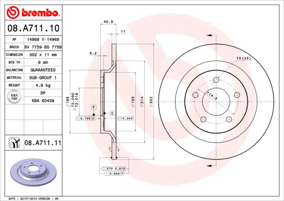 BREMBO 1001538522 08.A711.11 - Hátsó féktárcsa