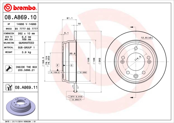 BREMBO 08.A869.11 Féktárcsa