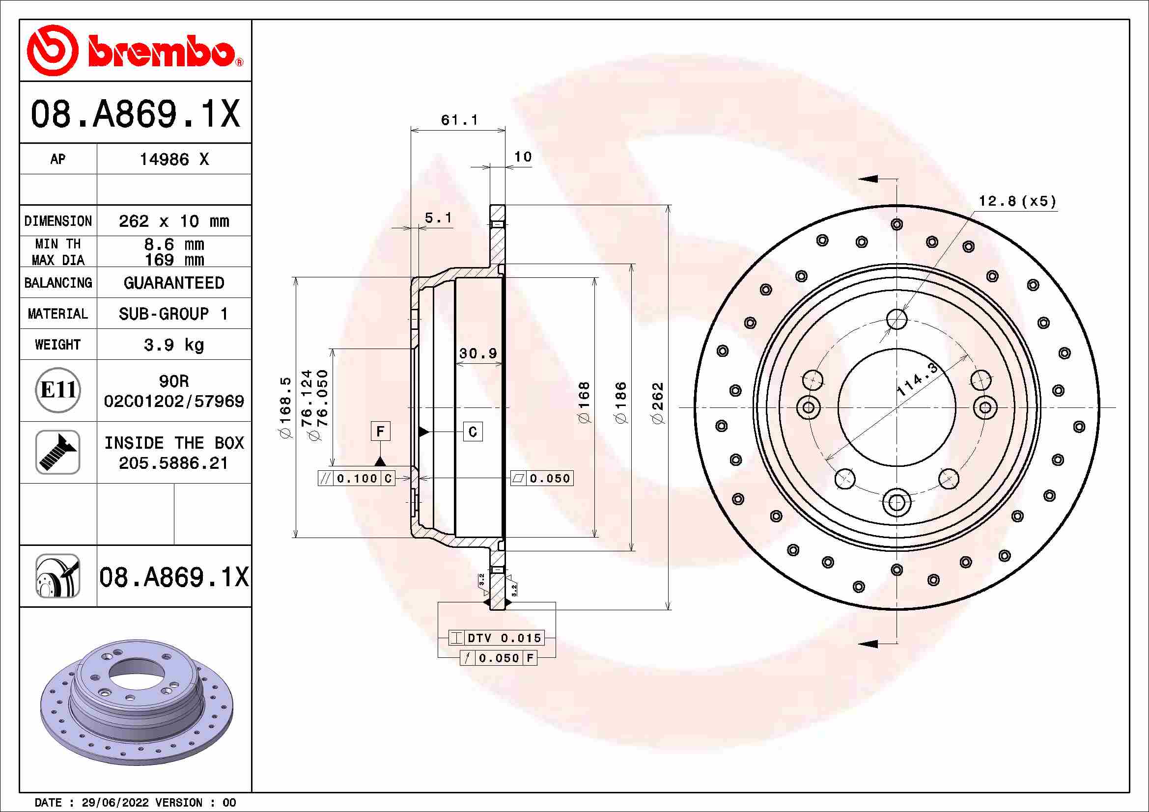 BREMBO BRE08.A869.1X féktárcsa