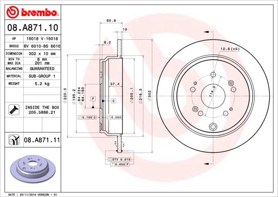 BREMBO 08.A871.10B Féktárcsa