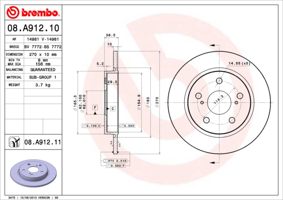 BREMBO 08.A912.11B Féktárcsa