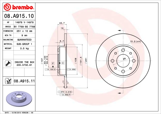 BREMBO BRE08.A915.11 féktárcsa